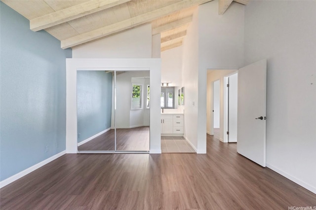 1482 Honokahua St, Honolulu, HI 96825 - unfurnished bedroom with wood finished floors, a closet, high vaulted ceiling, and a wooden ceiling with exposed beams