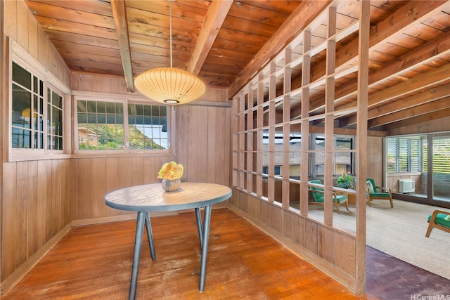 3038 Lanikaula St, Honolulu, HI 96822 - dining space with wood walls, wooden ceiling, and wood finished floors