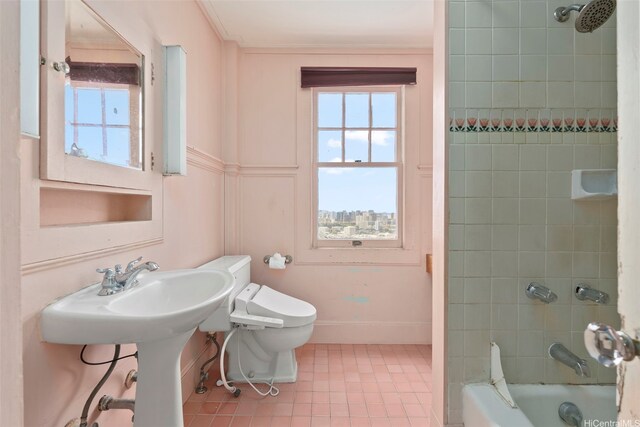 1186 Alewa Dr, Honolulu, HI 96817 - bathroom featuring tile patterned floors, shower / tub combination, and crown molding