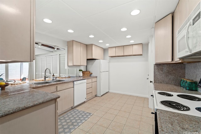 45-825 Anoi Rd, Kaneohe, HI 96744 - kitchen featuring white appliances, backsplash, recessed lighting, light tile patterned floors, and light brown cabinets