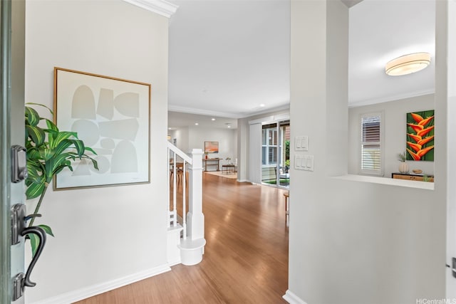 520 Lunalilo Home Rd Unit 208, Honolulu, HI 96825 - hall with wood finished floors, ornamental molding, stairs, and recessed lighting