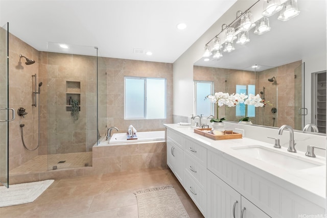 520 Lunalilo Home Rd Unit 208, Honolulu, HI 96825 - full bath featuring a shower stall, a bath, double vanity, tile patterned floors, and recessed lighting