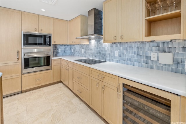 223 Saratoga Rd Unit 1215, Honolulu, HI 96815 - kitchen with black appliances, beverage cooler, light brown cabinetry, wall chimney range hood, and open shelves