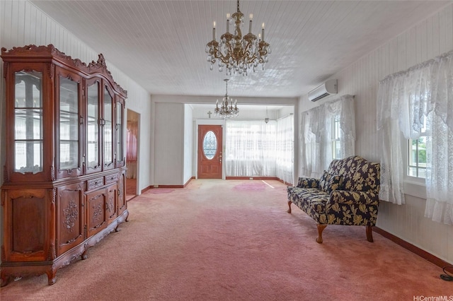 67-186 Kanoena St, Waialua, HI 96791 - living area with a chandelier, healthy amount of natural light, light carpet, and a wall mounted AC