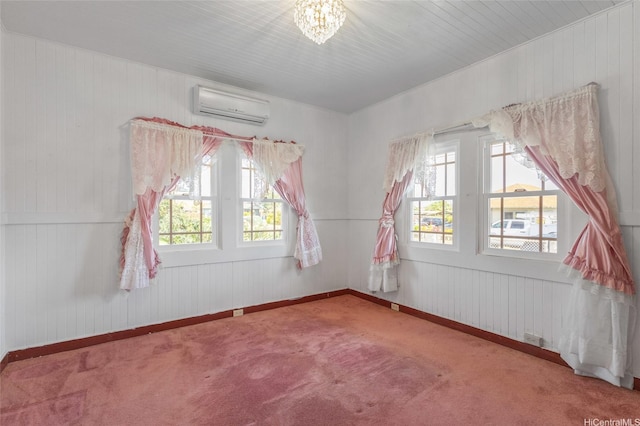 67-186 Kanoena St, Waialua, HI 96791 - spare room featuring carpet flooring, a wall unit AC, wood walls, and a chandelier