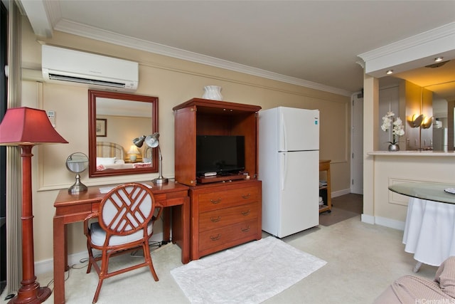 440 Olohana St Unit 1705, Honolulu, HI 96815 - living area featuring a wall mounted air conditioner, ornamental molding, a desk, and light carpet