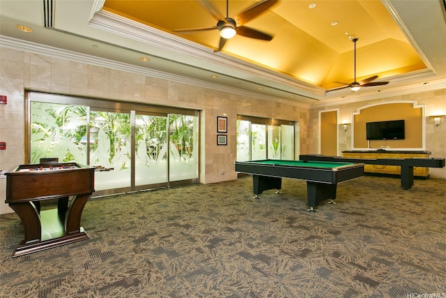 440 Olohana St Unit 1705, Honolulu, HI 96815 - game room with a ceiling fan, a tray ceiling, ornamental molding, billiards table, and carpet floors