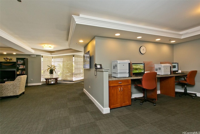 440 Olohana St Unit 1705, Honolulu, HI 96815 - office featuring a raised ceiling, dark carpet, recessed lighting, and built in desk