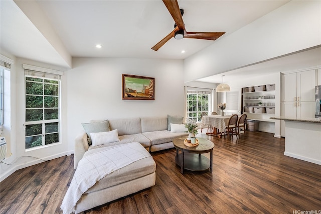 585 Mananai Pl Unit 26U, Honolulu, HI 96818 - living room with dark wood finished floors, ceiling fan, recessed lighting, and lofted ceiling