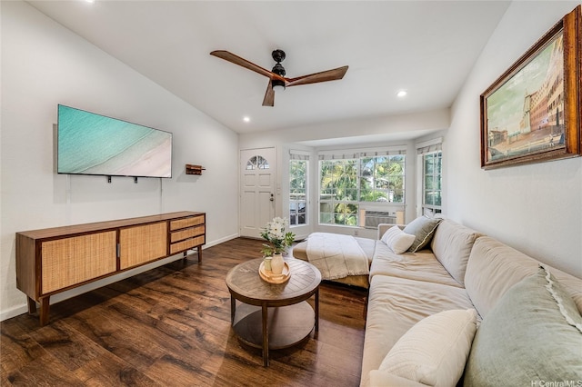 585 Mananai Pl Unit 26U, Honolulu, HI 96818 - living room with ceiling fan, wood finished floors, recessed lighting, lofted ceiling, and cooling unit