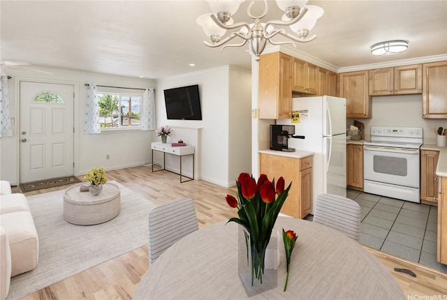 4134 Likini St, Honolulu, HI 96818 - kitchen featuring white appliances, a chandelier, light countertops, crown molding, and light brown cabinetry