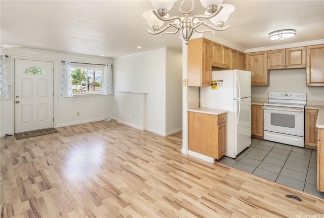 4134 Likini St, Honolulu, HI 96818 - kitchen featuring white appliances, a chandelier, light countertops, ornamental molding, and light wood finished floors