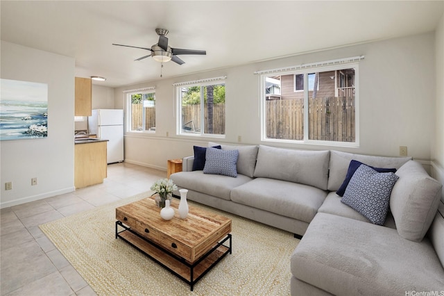 4134 Likini St, Honolulu, HI 96818 - living room featuring light tile patterned floors and ceiling fan