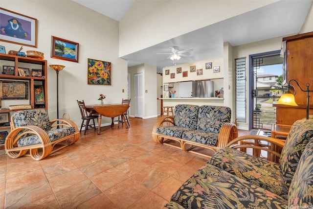 94-517 Poloahilani St, Mililani, HI 96789 - living area featuring ceiling fan, a high ceiling, and stone finish floors