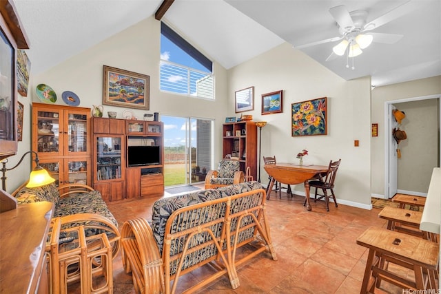 94-517 Poloahilani St, Mililani, HI 96789 - living room with high vaulted ceiling, a ceiling fan, beamed ceiling, and light tile patterned floors