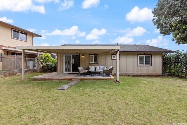 95-246 Wailawa St, Mililani, HI 96789 - rear view of house featuring an outdoor hangout area, a patio, and board and batten siding