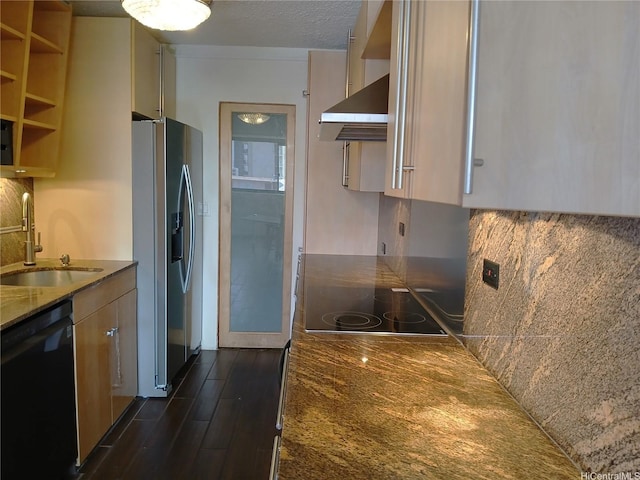 2092 Kuhio Ave Unit 805, Honolulu, HI 96815 - kitchen featuring black appliances, modern cabinets, backsplash, dark wood-style floors, and stone counters