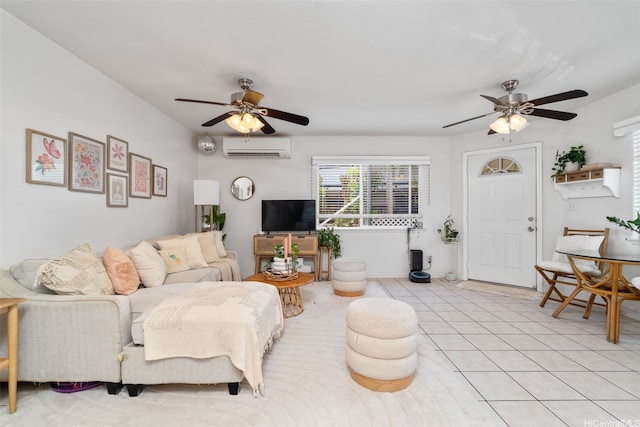 1607 Makiki St Unit B, Honolulu, HI 96822 - living room with ceiling fan, a wall mounted air conditioner, and light tile patterned floors