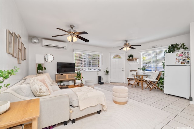 1607 Makiki St Unit B, Honolulu, HI 96822 - living room with a wall mounted air conditioner, a ceiling fan, and light tile patterned floors