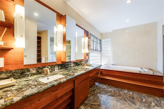 47 Kailuana Pl, Kailua, HI 96734 - full bath featuring a garden tub, double vanity, marble tiled flooring, a stall shower, and backsplash