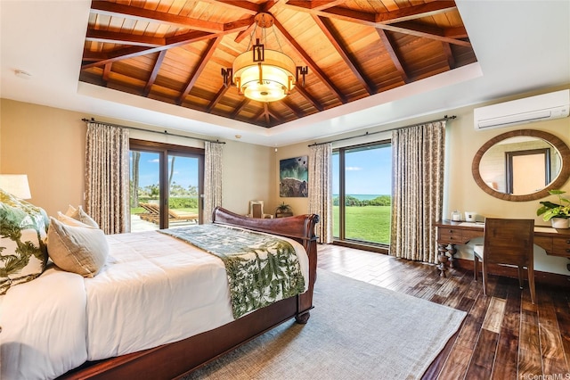47 Kailuana Pl, Kailua, HI 96734 - bedroom with a wall mounted AC, a wooden ceiling with exposed beams, access to outside, multiple windows, and hardwood / wood-style flooring