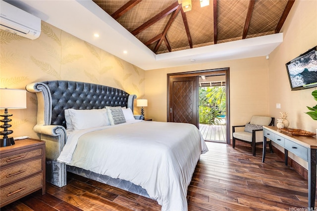 47 Kailuana Pl, Kailua, HI 96734 - bedroom featuring an AC wall unit, access to exterior, wood-type flooring, recessed lighting, and high vaulted ceiling