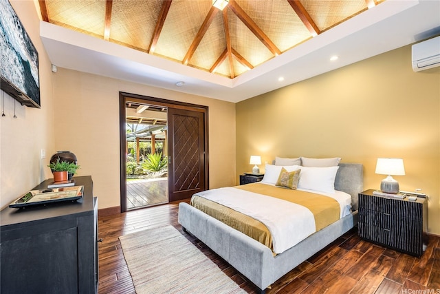 47 Kailuana Pl, Kailua, HI 96734 - bedroom featuring access to outside, dark wood-style flooring, an AC wall unit, beam ceiling, and high vaulted ceiling