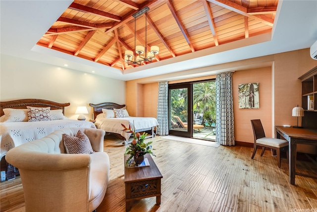 47 Kailuana Pl, Kailua, HI 96734 - bedroom featuring a wood ceiling with exposed beams, access to outside, wood finished floors, and high vaulted ceiling