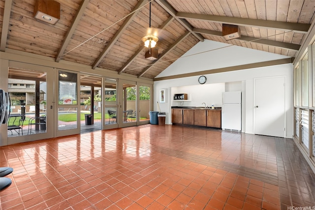 95-138 Kuahelani Ave Unit 244, Mililani, HI 96789 - unfurnished living room featuring a wood ceiling with exposed beams, high vaulted ceiling, tile patterned flooring, and french doors