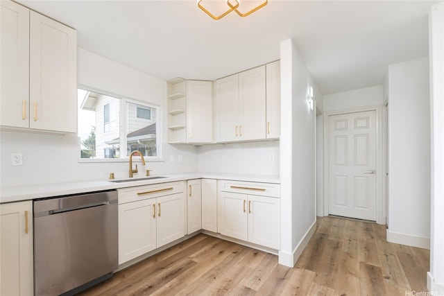 94-615 Lumiaina St, Waipahu, HI 96797 - kitchen featuring stainless steel dishwasher, light countertops, white cabinetry, and light wood-style floors