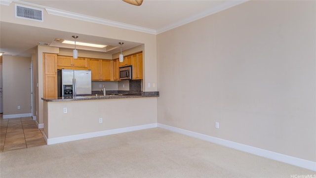 92-1522 Aliinui Dr Unit 2304, Kapolei, HI 96707 - kitchen featuring appliances with stainless steel finishes, ornamental molding, decorative light fixtures, light colored carpet, and a peninsula