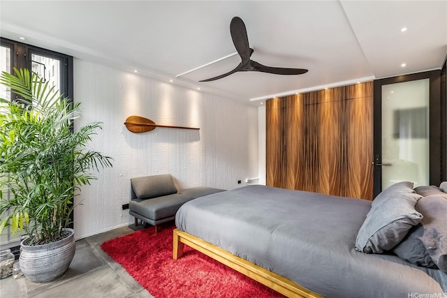 2987 Kalakaua Ave Unit 201, Honolulu, HI 96815 - bedroom featuring concrete floors, recessed lighting, and a ceiling fan