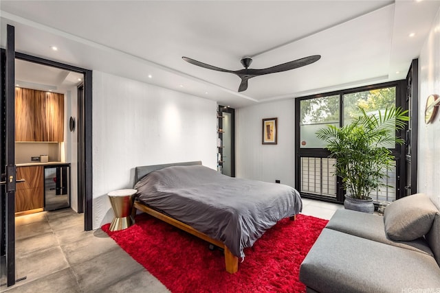 2987 Kalakaua Ave Unit 201, Honolulu, HI 96815 - bedroom featuring recessed lighting, a ceiling fan, wine cooler, and access to outside