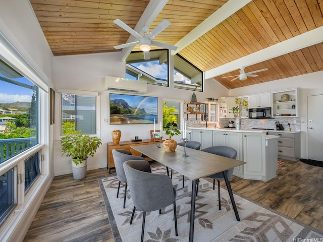 1319 Auwaiku St, Kailua, HI 96734 - dining room with a wall mounted air conditioner, a ceiling fan, wood finished floors, a wood ceiling with exposed beams, and high vaulted ceiling