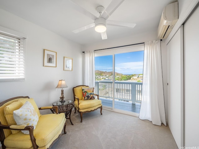 1319 Auwaiku St, Kailua, HI 96734 - living area featuring light colored carpet, plenty of natural light, a wall unit AC, and ceiling fan