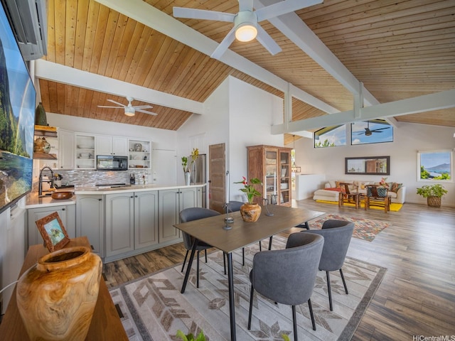 1319 Auwaiku St, Kailua, HI 96734 - dining space featuring a ceiling fan, light wood-type flooring, a wall mounted AC, a wood ceiling with exposed beams, and high vaulted ceiling