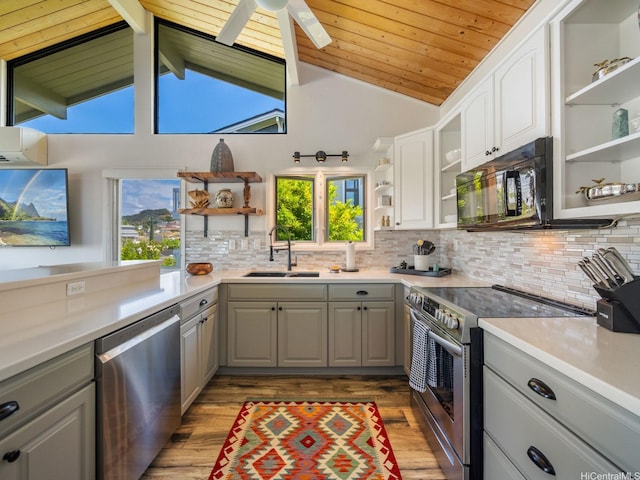 1319 Auwaiku St, Kailua, HI 96734 - kitchen featuring open shelves, appliances with stainless steel finishes, gray cabinetry, wood ceiling, and plenty of natural light