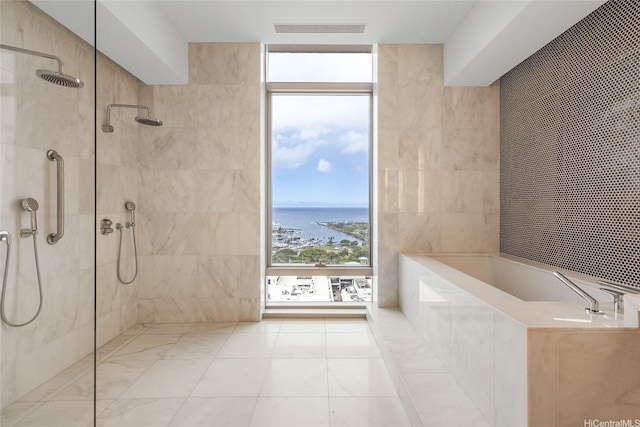1555 Kapiolani Blvd Unit 2302, Honolulu, HI 96814 - full bathroom with a garden tub, walk in shower, a water view, floor to ceiling windows, and tile patterned flooring