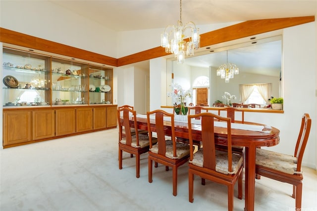 92-1318 Hauone St, Kapolei, HI 96707 - dining room featuring a chandelier, vaulted ceiling, and light carpet