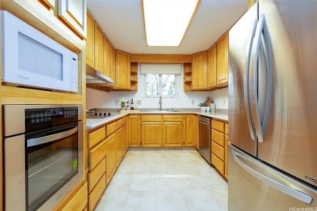 92-1318 Hauone St, Kapolei, HI 96707 - kitchen with stainless steel appliances, open shelves, light countertops, and light tile patterned flooring