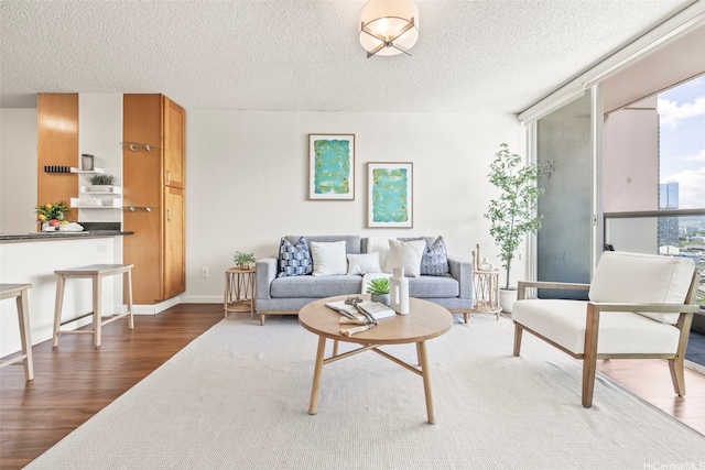 1133 Waimanu St Unit 2503, Honolulu, HI 96814 - living area featuring wood finished floors, a textured ceiling, and expansive windows