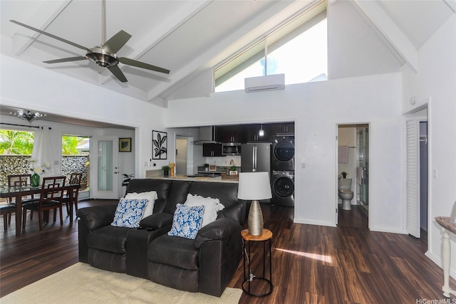 94-559 Makohilani St Unit 1071, Mililani, HI 96789 - living area with stacked washer / drying machine, high vaulted ceiling, a ceiling fan, dark wood-type flooring, and beamed ceiling