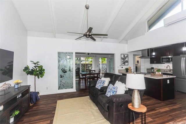 94-559 Makohilani St Unit 1071, Mililani, HI 96789 - living room featuring a wall mounted AC, a ceiling fan, beamed ceiling, dark wood-style floors, and high vaulted ceiling