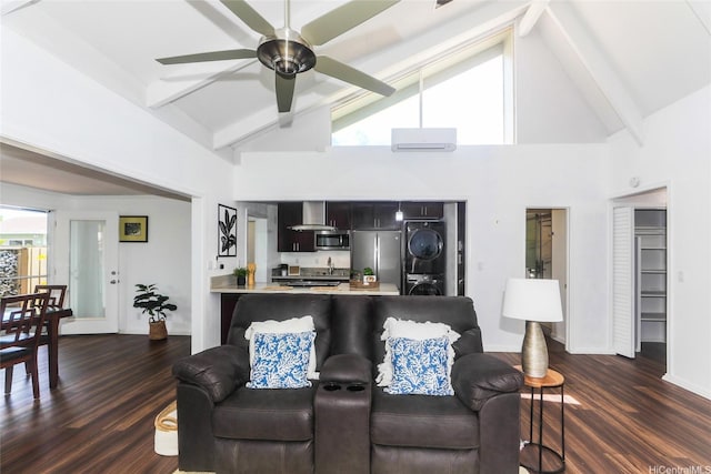 94-559 Makohilani St Unit 1071, Mililani, HI 96789 - living area featuring stacked washer and clothes dryer, ceiling fan, high vaulted ceiling, beamed ceiling, and dark wood-style floors