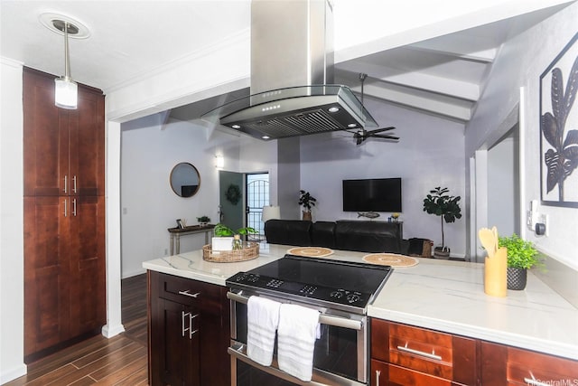94-559 Makohilani St Unit 1071, Mililani, HI 96789 - kitchen with stainless steel electric range oven, island range hood, dark wood-style flooring, dark brown cabinets, and open floor plan