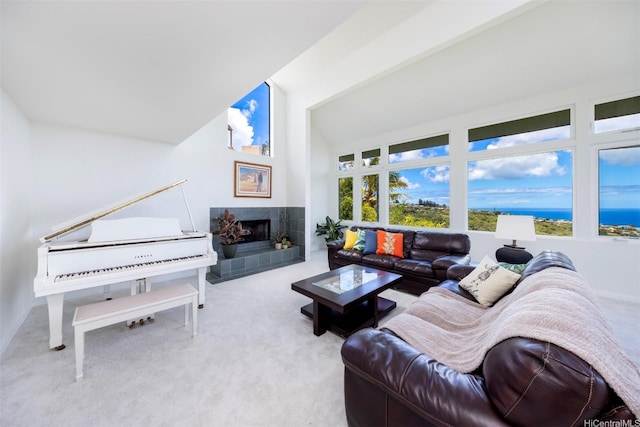 4959 Maunalani Cir Unit 3, Honolulu, HI 96816 - living area with carpet, lofted ceiling, and a fireplace