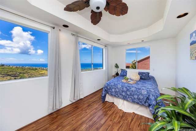4959 Maunalani Cir Unit 3, Honolulu, HI 96816 - bedroom with wood finished floors, multiple windows, a tray ceiling, and ceiling fan