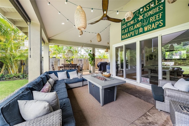 1319 Mokulua Dr, Kailua, HI 96734 - sunroom with an outdoor living space with a fire pit and ceiling fan
