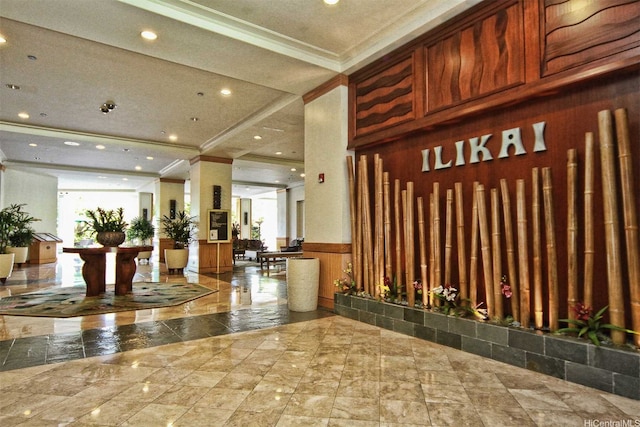 1777 Ala Moana Blvd Unit 2436, Honolulu, HI 96815 - lobby featuring ornamental molding, a wainscoted wall, wood walls, and recessed lighting