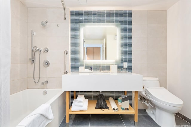 1390 Kapiolani Blvd Unit 3808, Honolulu, HI 96814 - bathroom with tile walls, tile patterned floors, and shower / bathtub combination